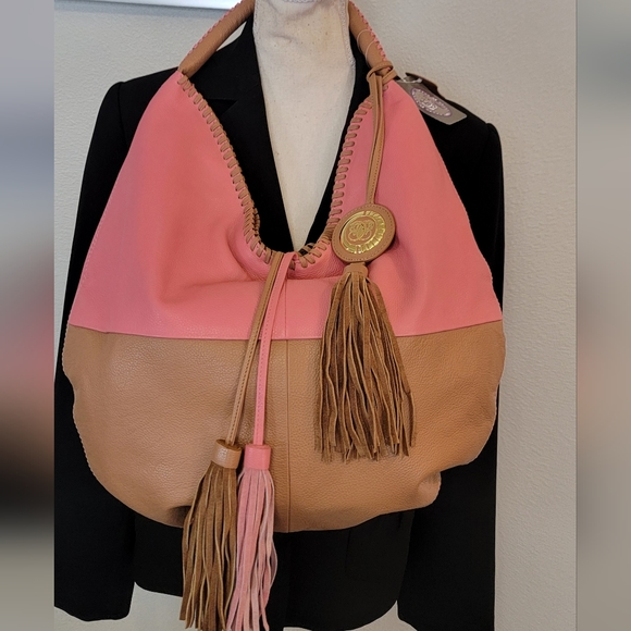 New with Tag Sharif 1825 Genuine Leather Pink Brown Hobo Tassels Shoulder Bag - Picture 5 of 16
